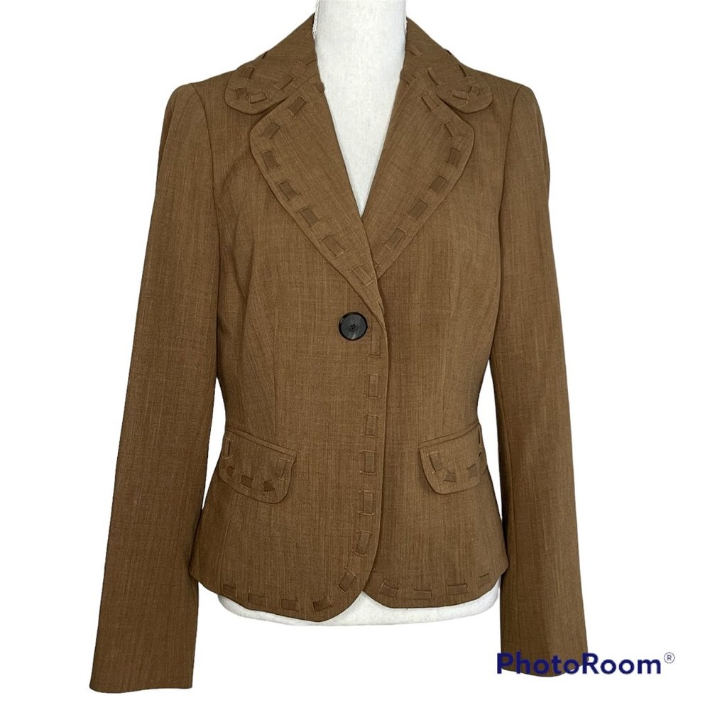 Worth Camel Brown Suit Blazer Wool Blend Woven Ribbon Detail Womens Size 10